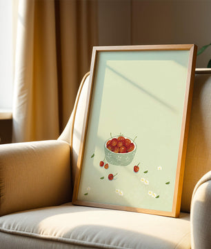 Kirschen in einer dekorativen Schale mit floralen Akzenten auf zartgrünem Hintergrund