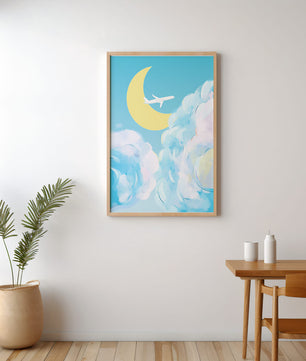 Ilustración de cielo panorámico con avión y luna creciente