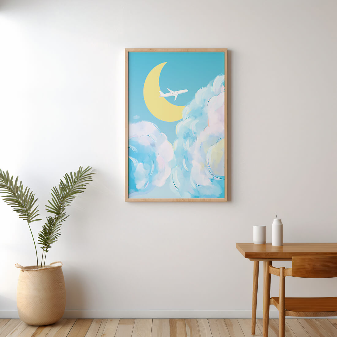 Scenic sky illustration with airplane and crescent moon