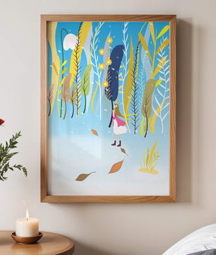 Ilustración caprichosa de una niña en un bosque abstracto vibrante