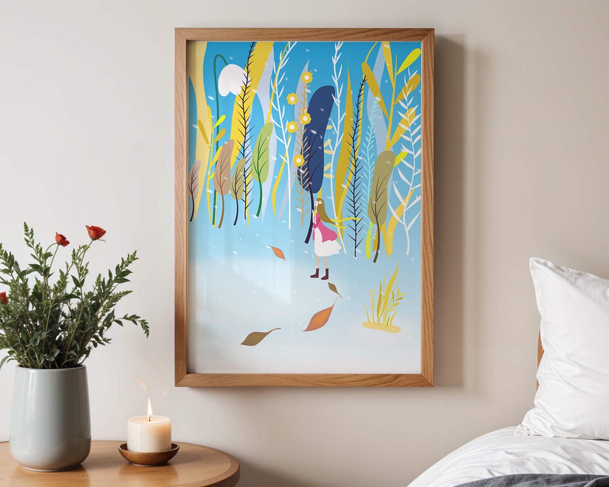Ilustración caprichosa de una niña en un bosque abstracto vibrante