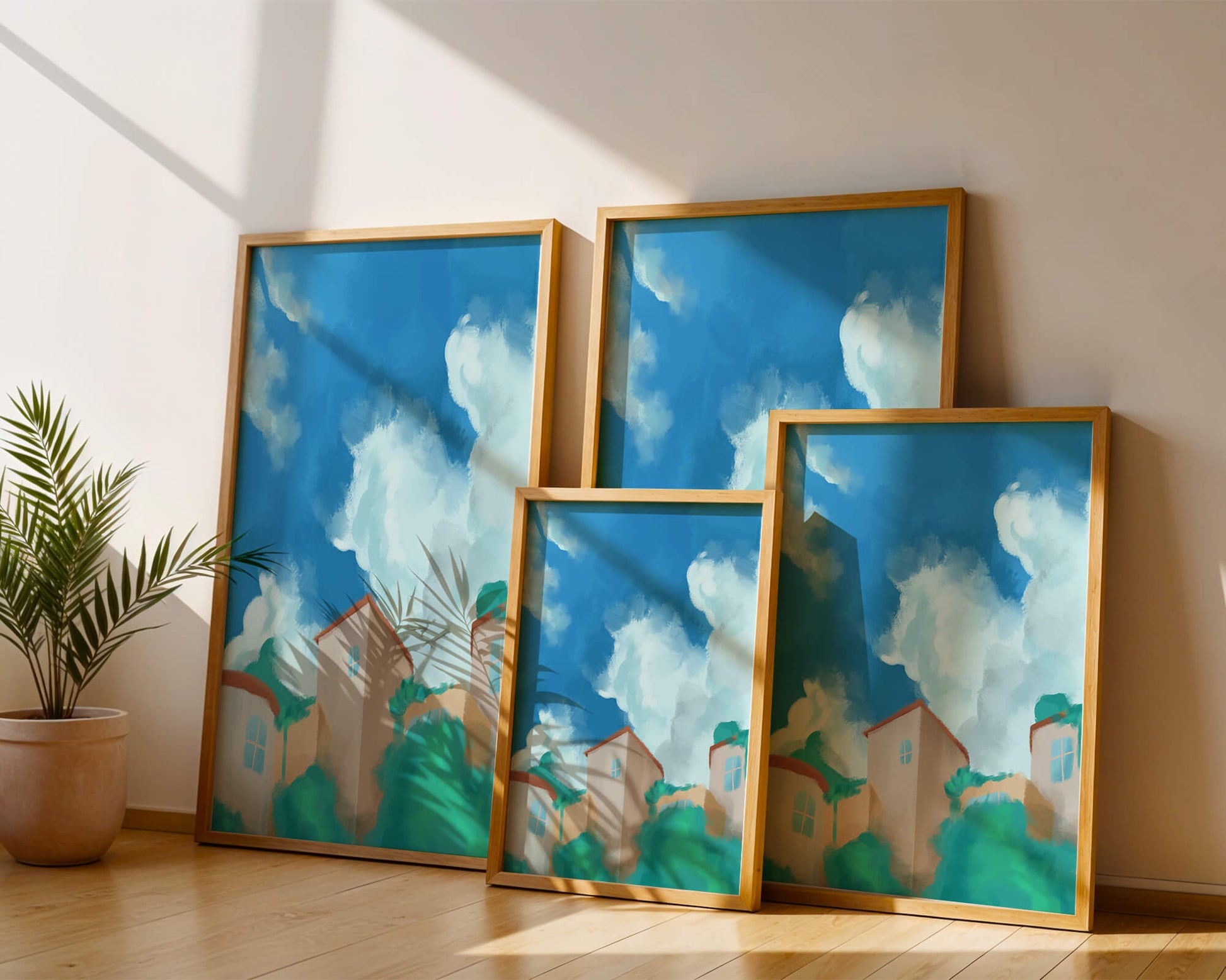 Serene landscape with houses and fluffy clouds against a blue sky