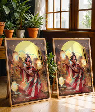 Traditional Asian woman playing musical instrument under moonlight