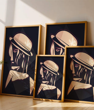 Stylized Portrait of a Woman in a Hat with Geometric Elements - Mi tienda