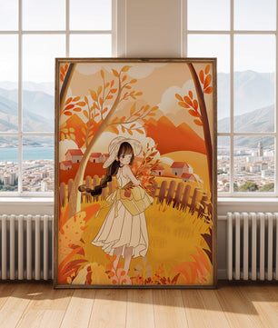 Illustration of a Girl in a Yellow Dress in Autumn Scenery