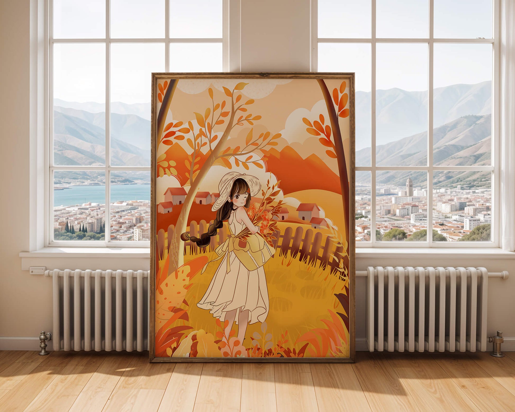 Illustration of a Girl in a Yellow Dress in Autumn Scenery