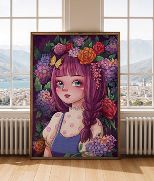 Illustration of a girl with floral crown surrounded by vibrant flowers
