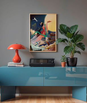 Oriental Fantasy Scene with Woman Offering Gift to the Moon