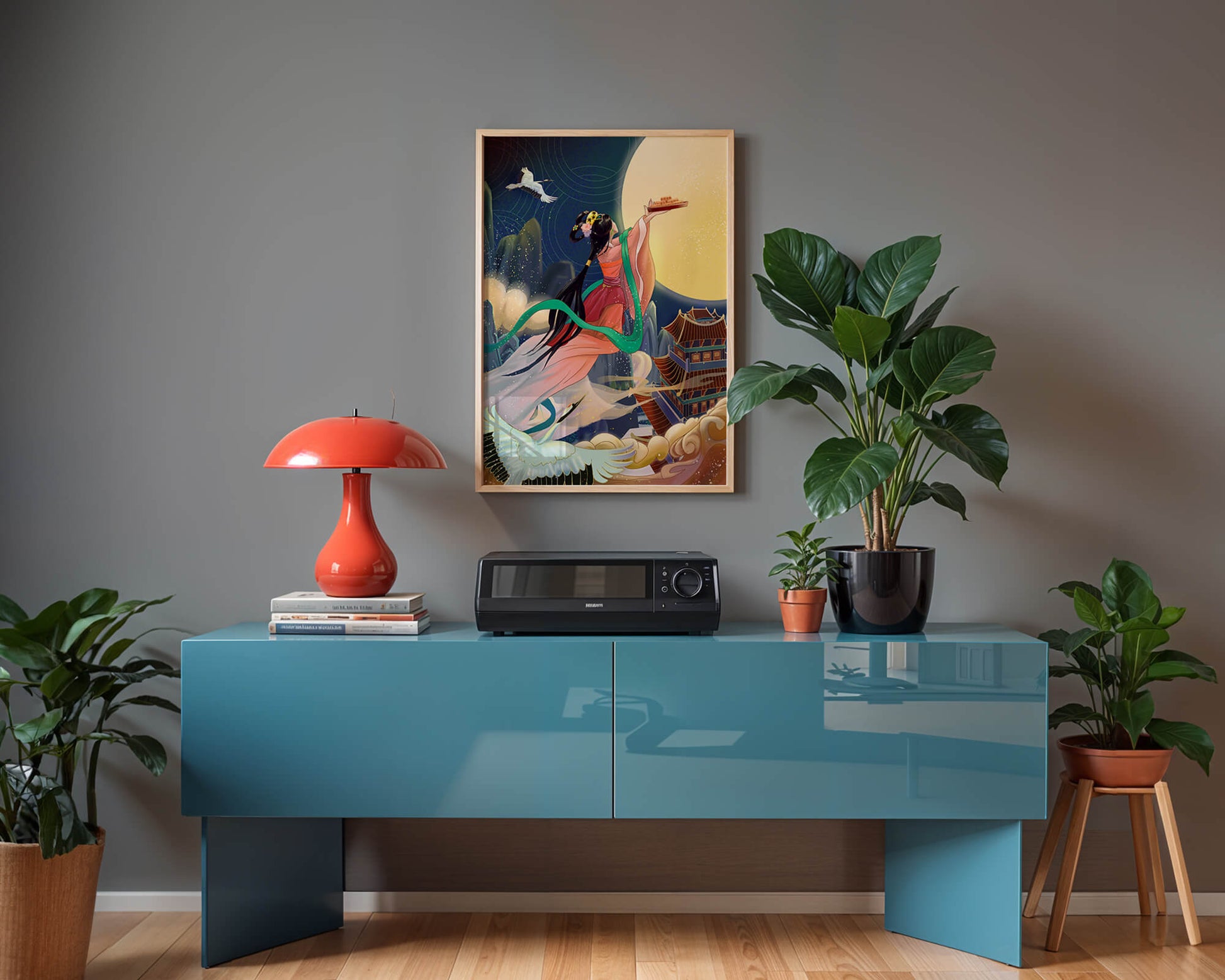 Oriental Fantasy Scene with Woman Offering Gift to the Moon