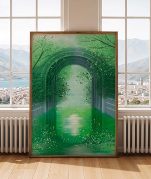 Un túnel de jardín verde sereno con agua reflectante