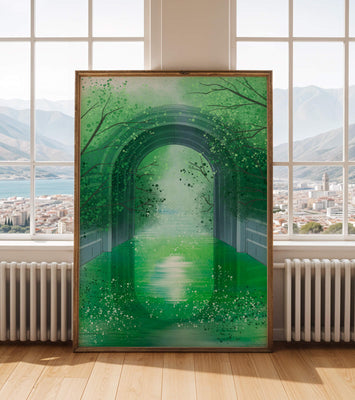 A serene green garden tunnel with reflective water