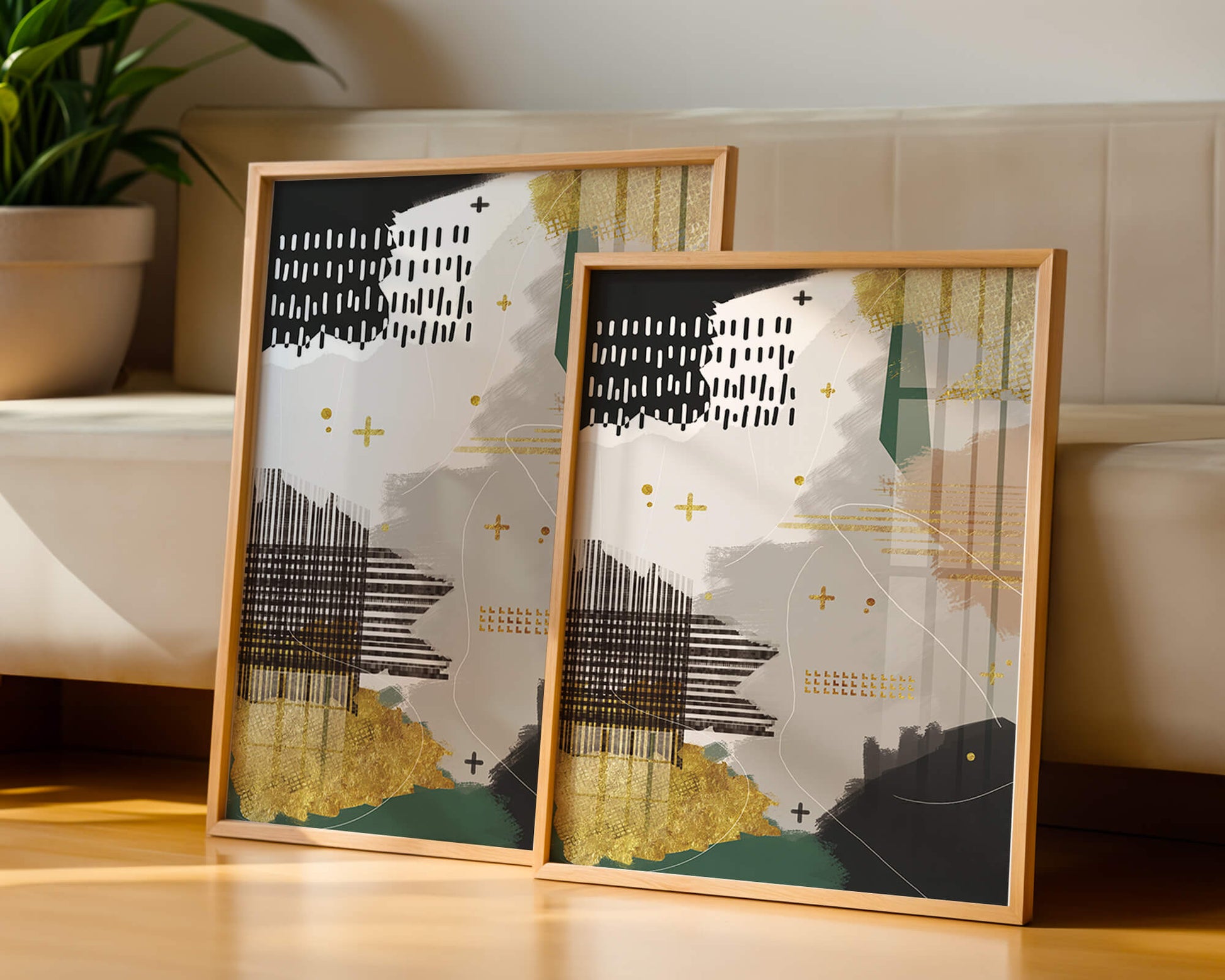 Abstract mixed media art with gold and geometric patterns