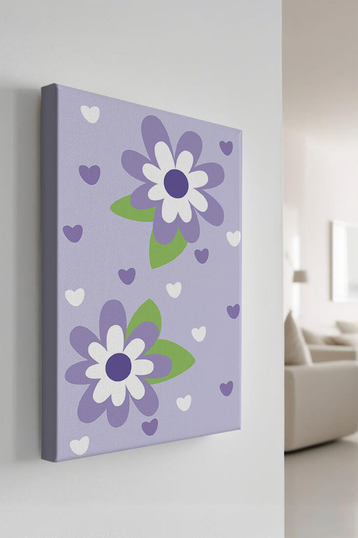 Elegant purple floral pattern with green leaves and heart accents