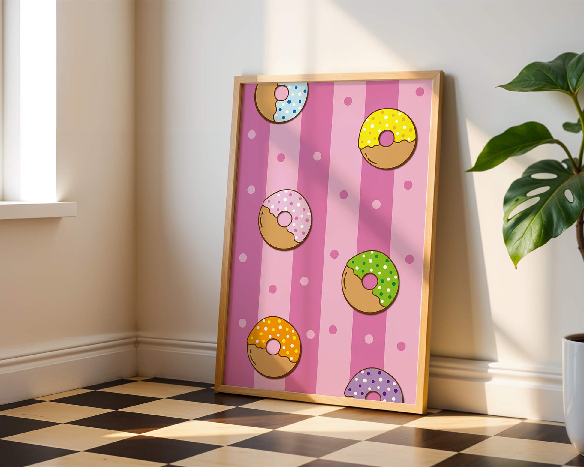 Colorful donut pattern on pink striped background