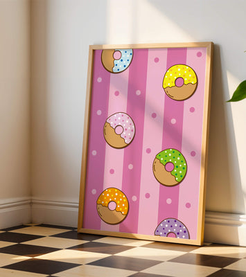 Colorful donut pattern on pink striped background