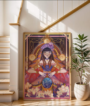 Obra de arte de fantasía con una adivina que tiene una bola de cristal y flores
