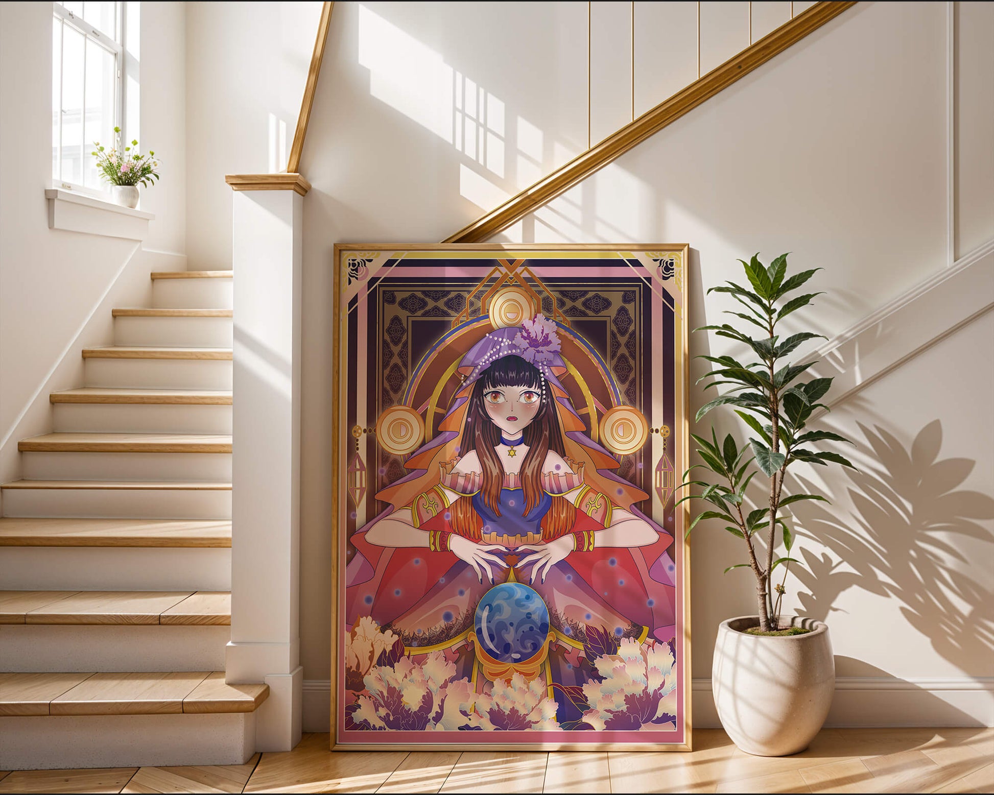 Fantasy Artwork Featuring a Fortune Teller with Crystal Ball and Flowers