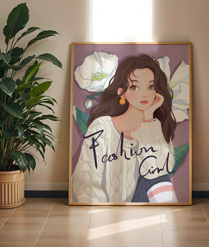 Illustrated fashion girl with floral background and purple theme
