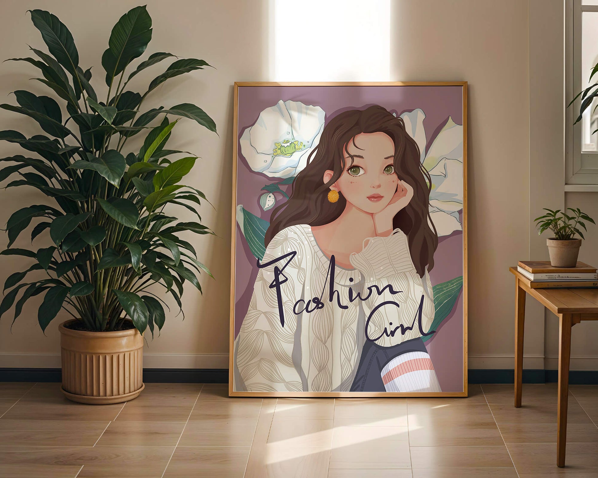 Illustrated fashion girl with floral background and purple theme