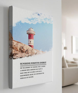 Faro inspirador con texto motivacional y fondo de cielo