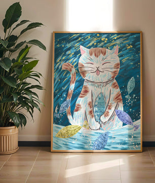 Gato caprichoso con peces coloridos y pinceladas juguetonas