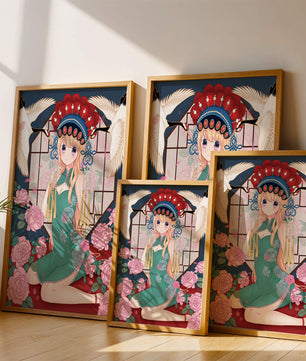 Chica anime elegante con atuendo tradicional y detalles florales y de grulla