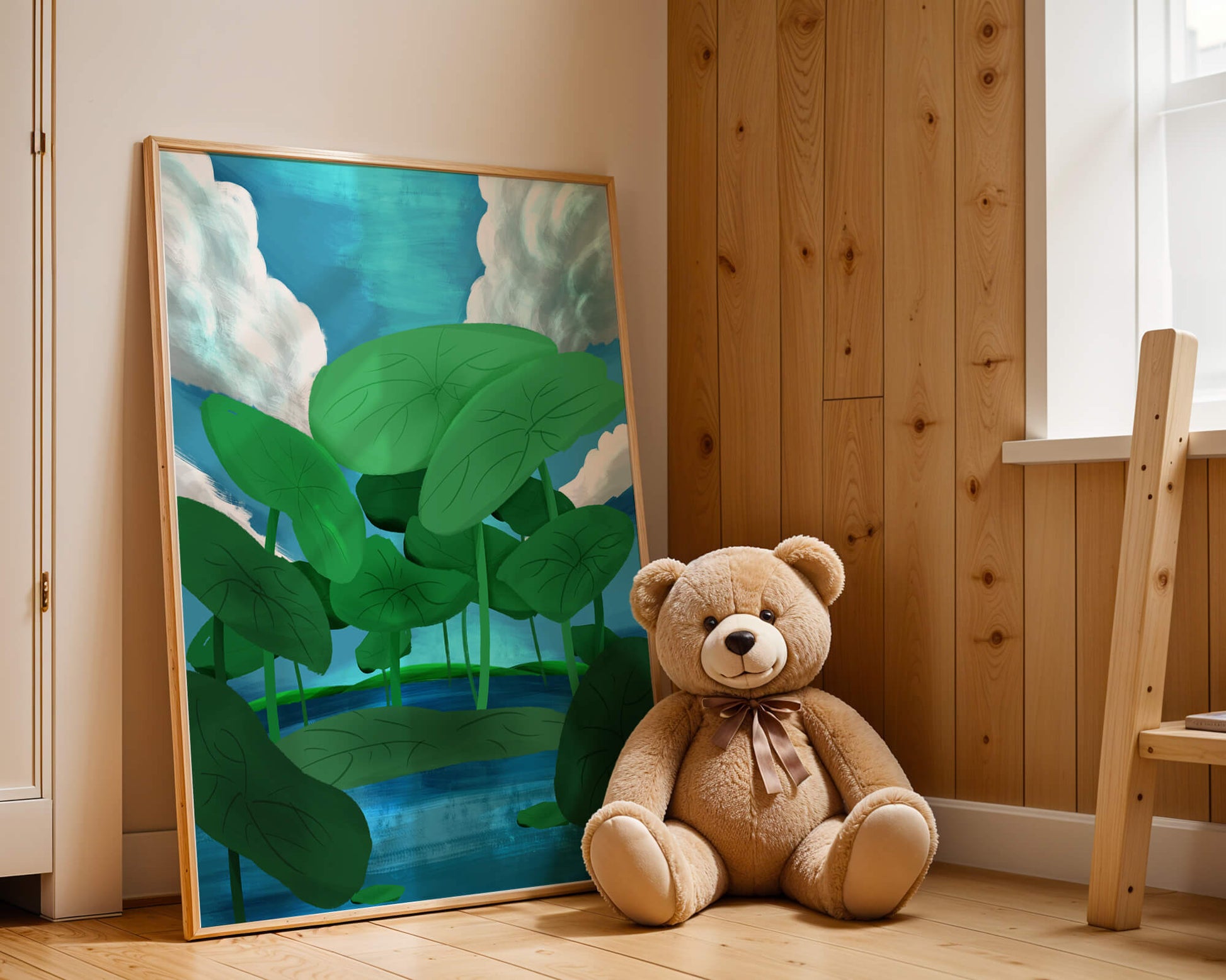 Serene landscape with lush green leaves and blue horizon