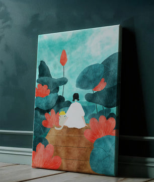 Serene scene with a person and cat among large leaves and flowers