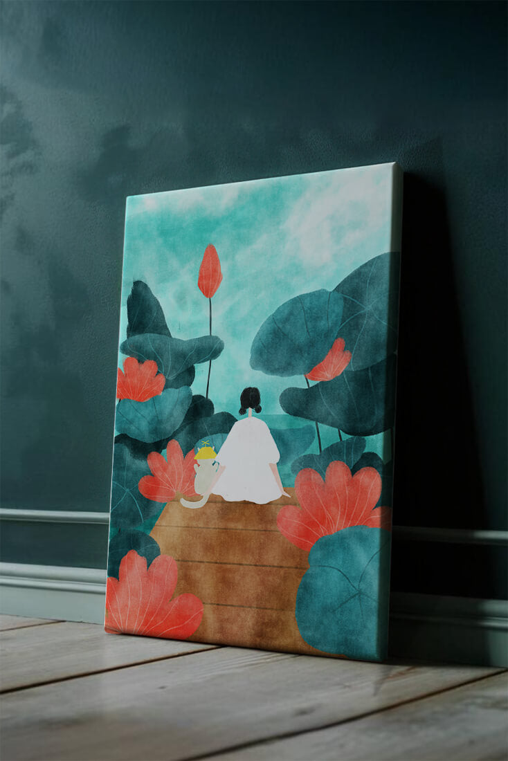 Serene scene with a person and cat among large leaves and flowers