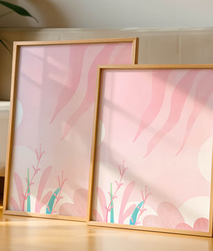 Diseño floral abstracto en rosa suave con hojas estilizadas y ondas
