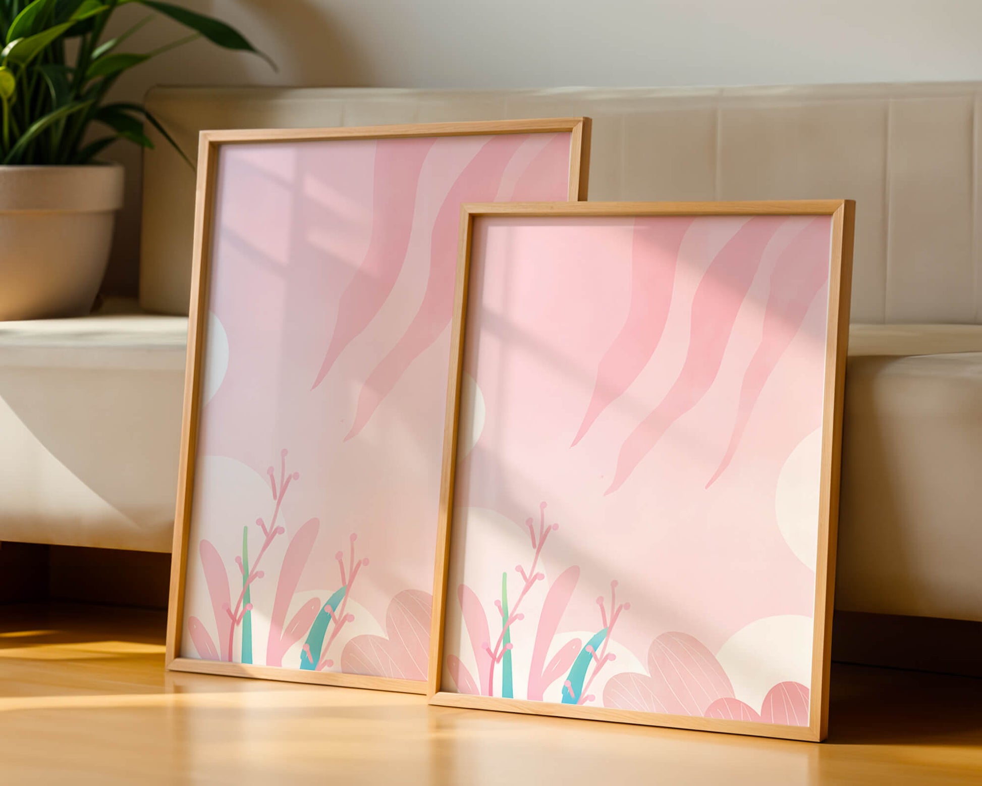 Soft Pink Abstract Floral Design with Stylized Leaves and Waves