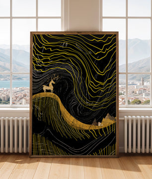 Ciervo dorado y paisaje montañoso abstracto con líneas onduladas