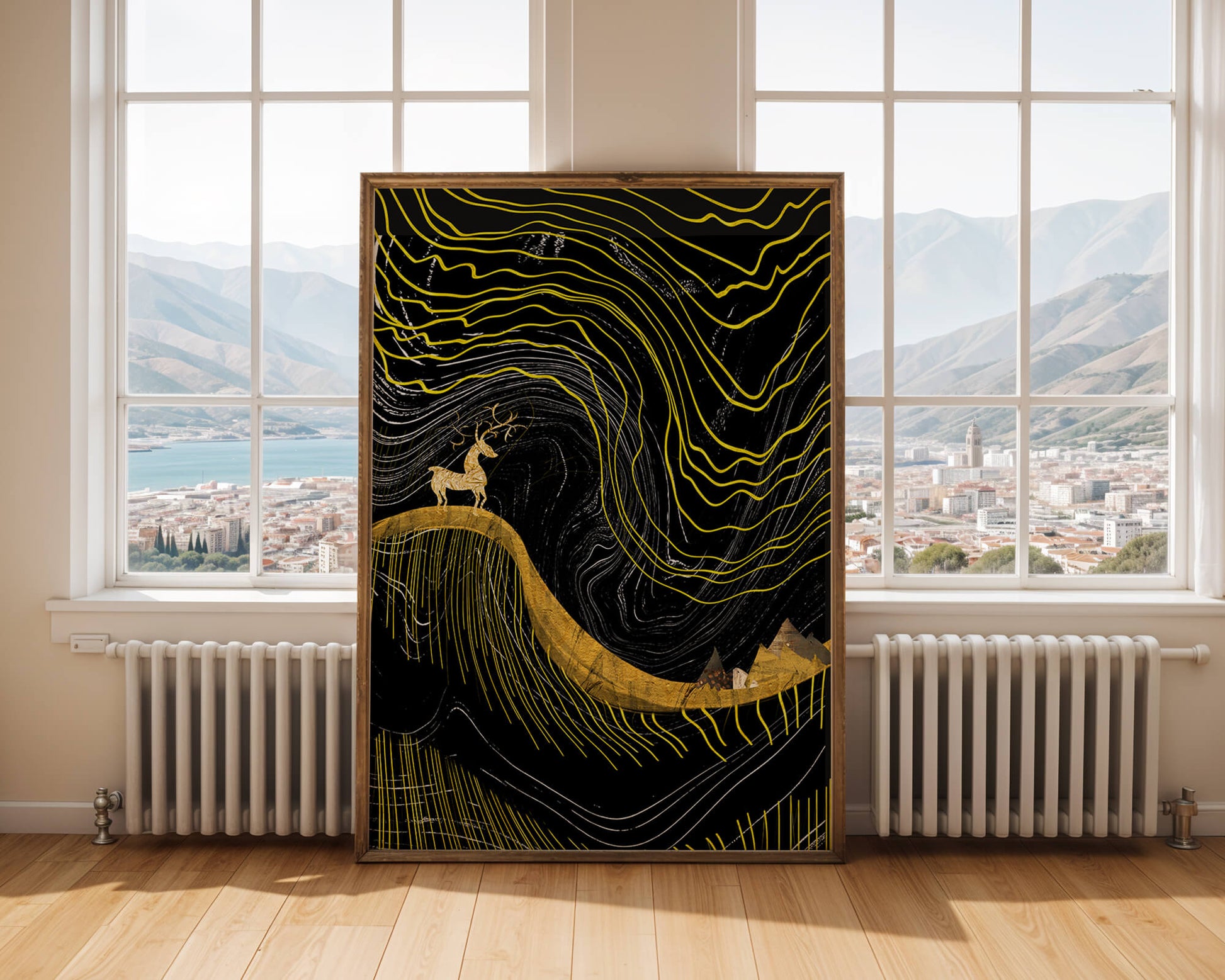 Ciervo dorado y paisaje montañoso abstracto con líneas onduladas