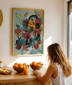 Colorful Abstract Surrealism Art with Intricate Details and Playful Characters