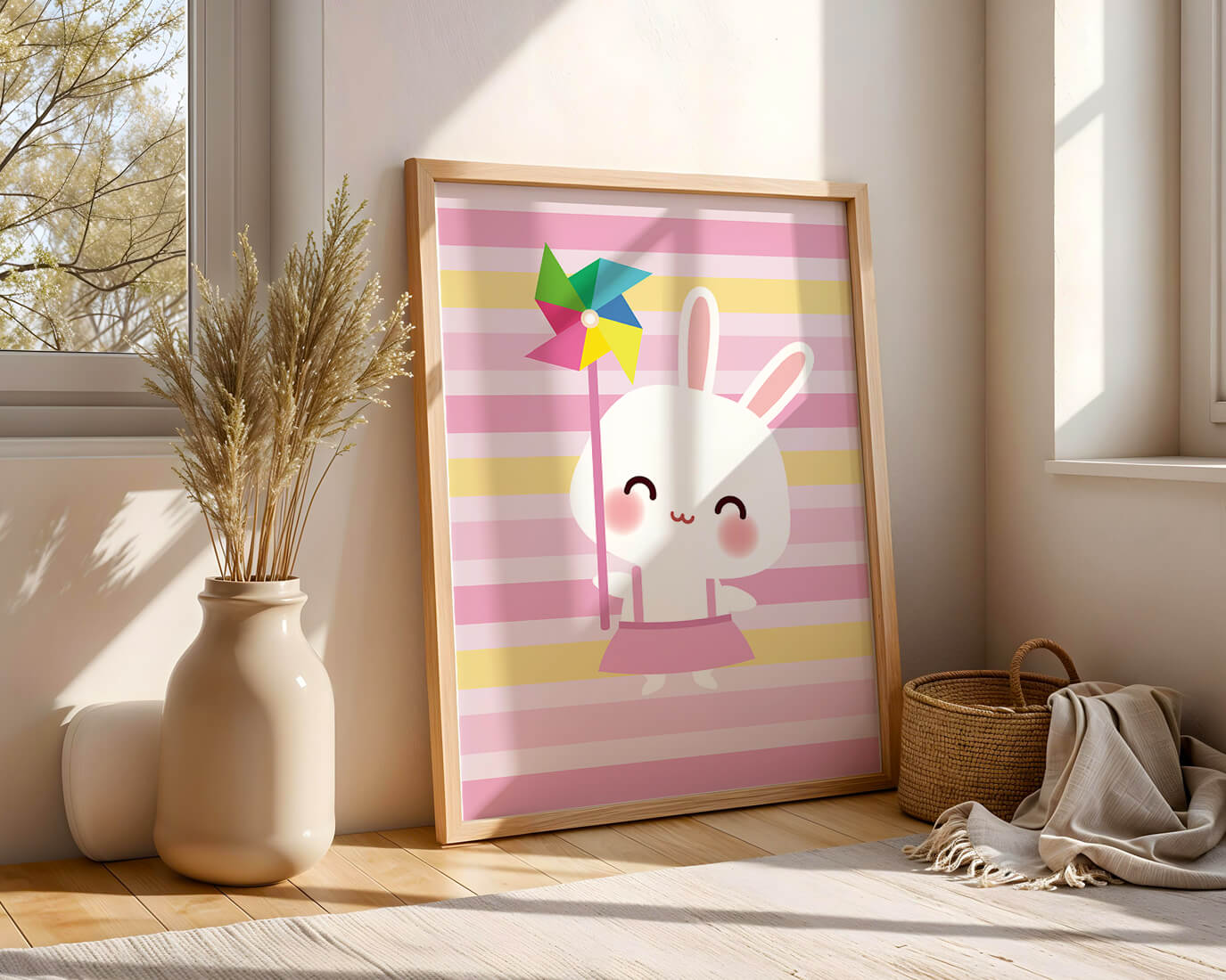 Adorable bunny with pinwheel on pastel striped backdrop