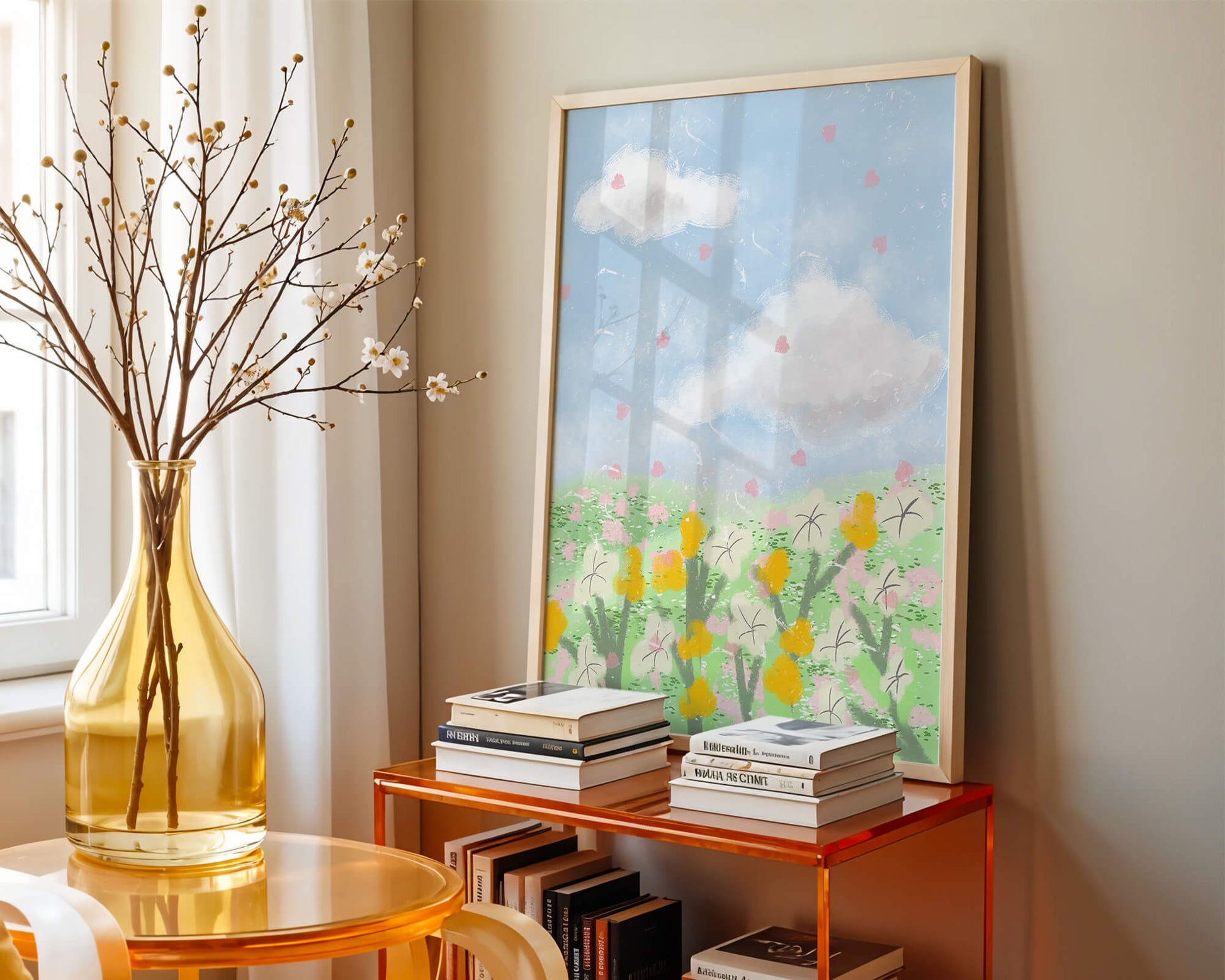 Paysage printanier avec nuages et fleurs