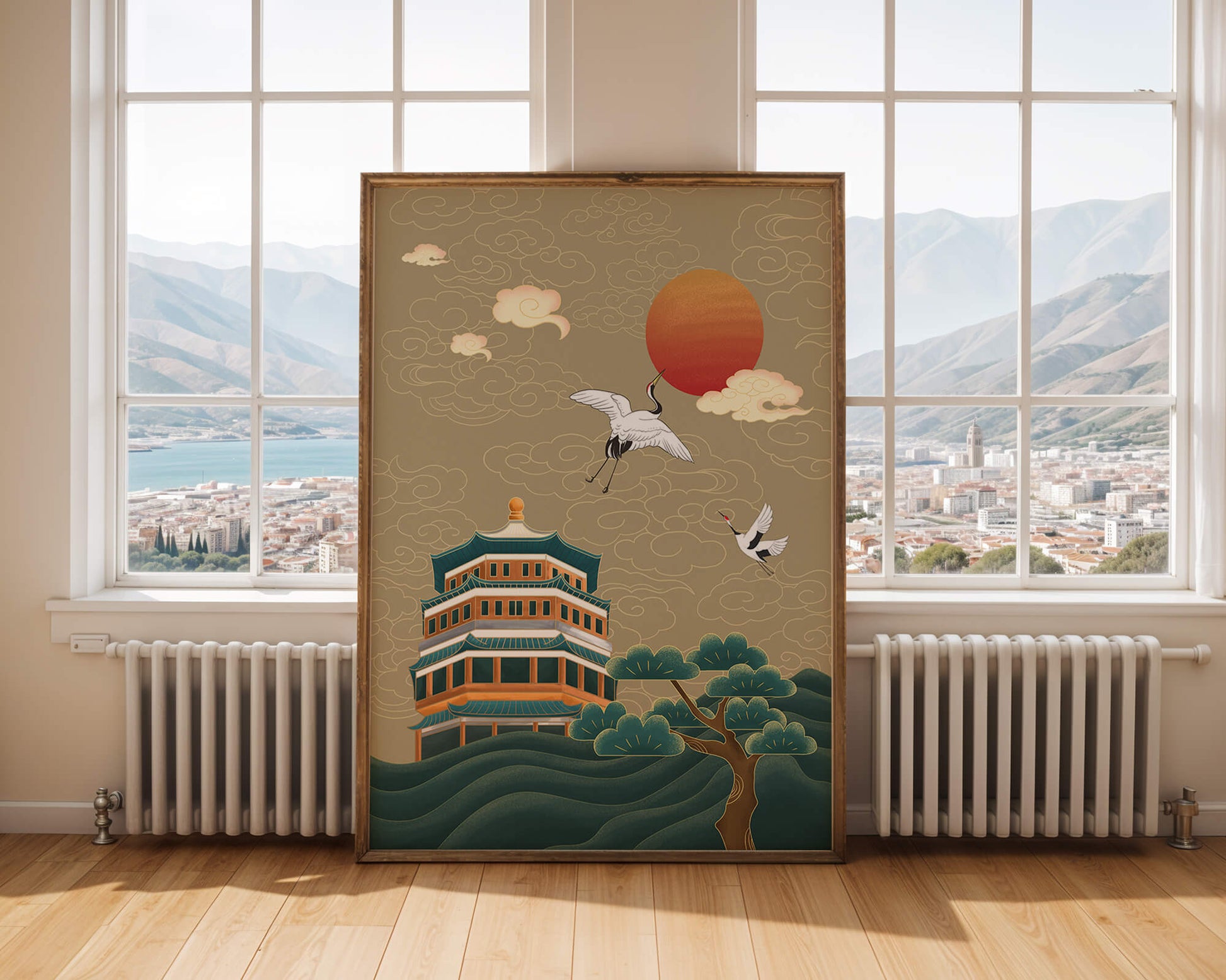Traditional Asian art with cranes and temple at sunset