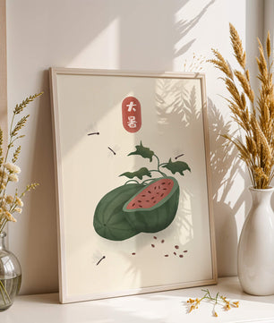 Watermelon With Dragonflies And Asian Script Minimalist Illustration - Mi tienda