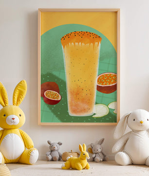 Illustrated tropical passion fruit drink with fresh slices
