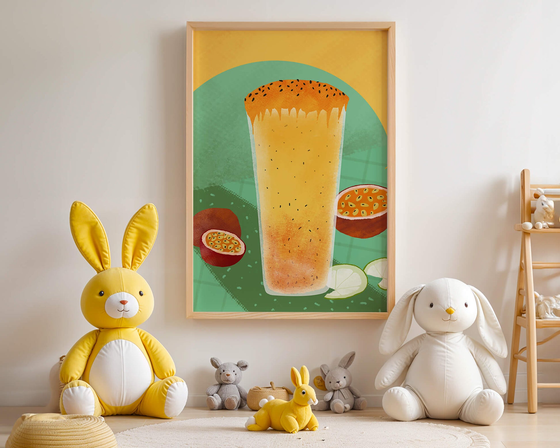 Illustrated tropical passion fruit drink with fresh slices