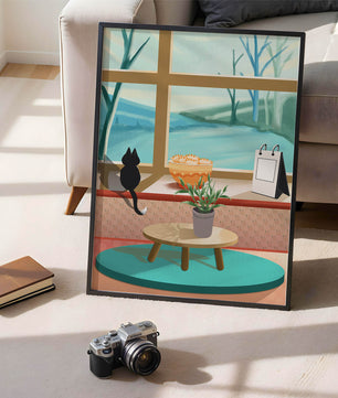 Cozy interior with a cat by the window and potted plants