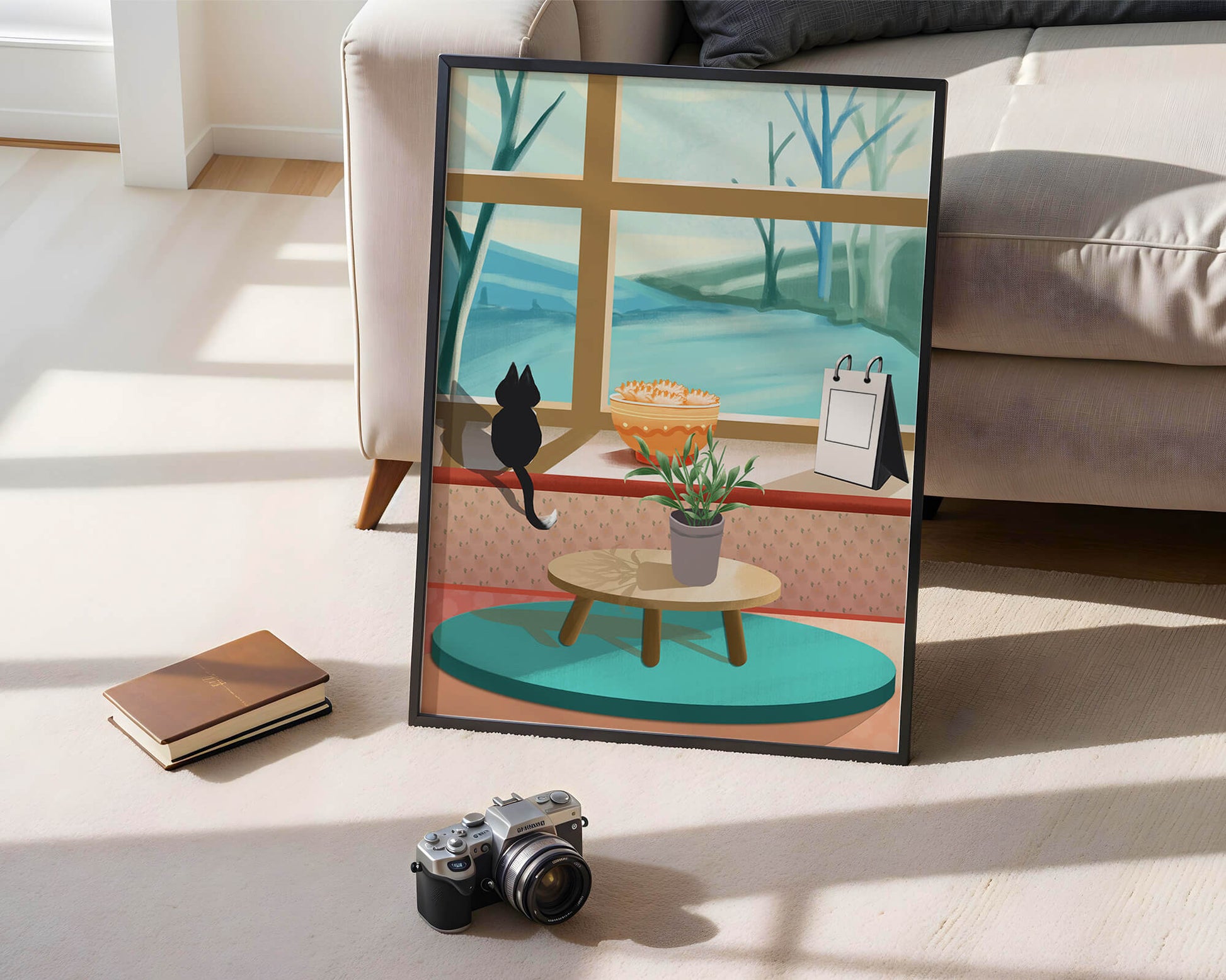 Cozy interior with a cat by the window and potted plants