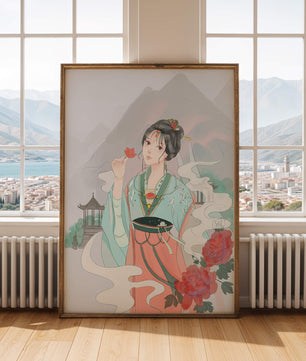 Elegant Asian woman with flowers and mountain background