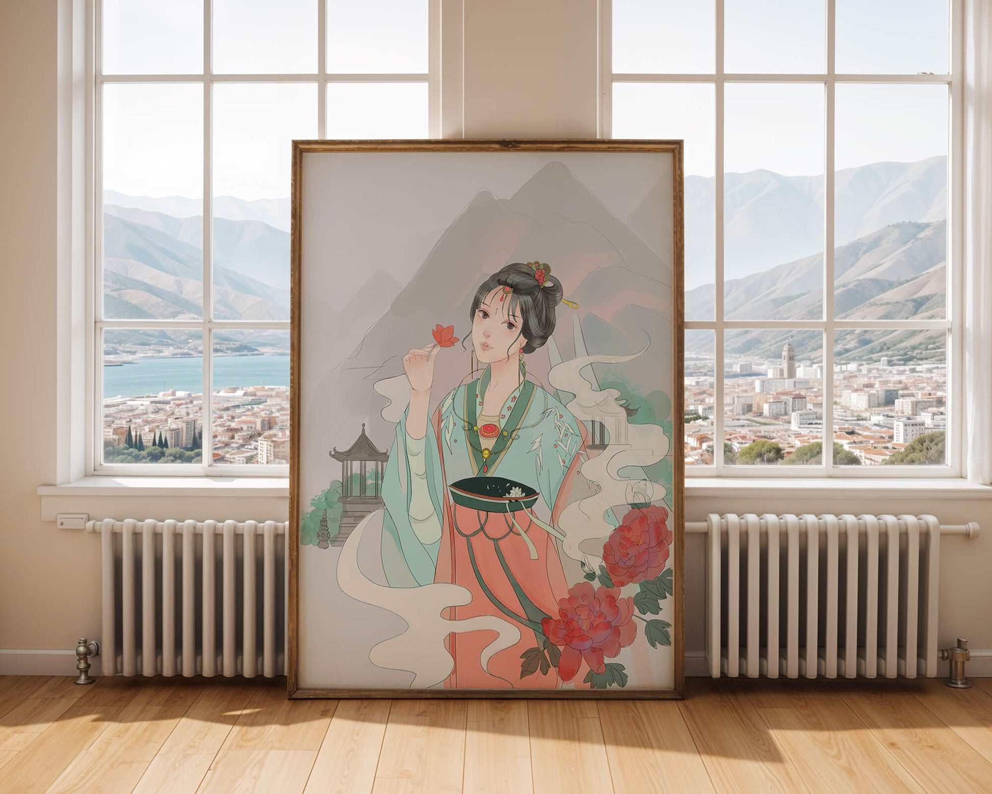 Elegante mujer asiática con flores y fondo de montaña.