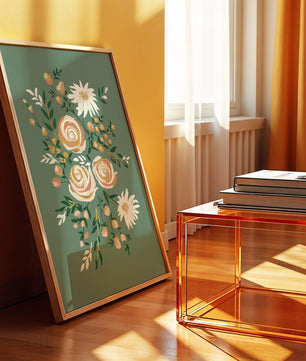 Floral illustration with roses and daisies on green background