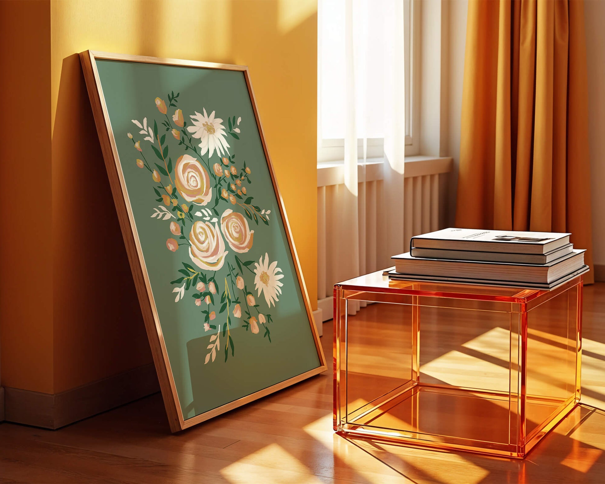 Floral illustration with roses and daisies on green background
