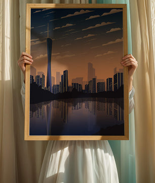 Skyline der Stadt bei Sonnenuntergang mit futuristischem Touch und Wasserspiegelung