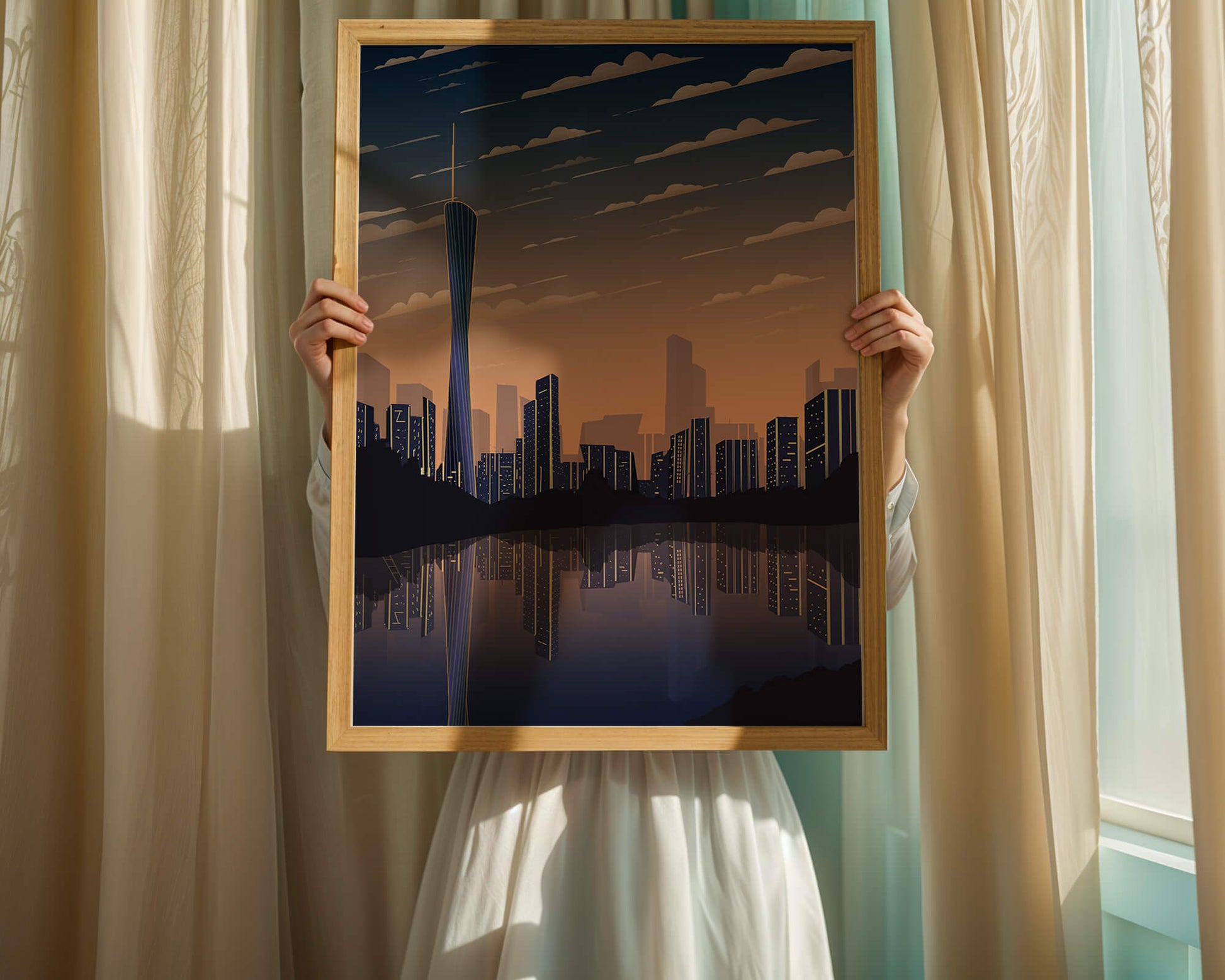 Skyline der Stadt bei Sonnenuntergang mit futuristischem Touch und Wasserspiegelung