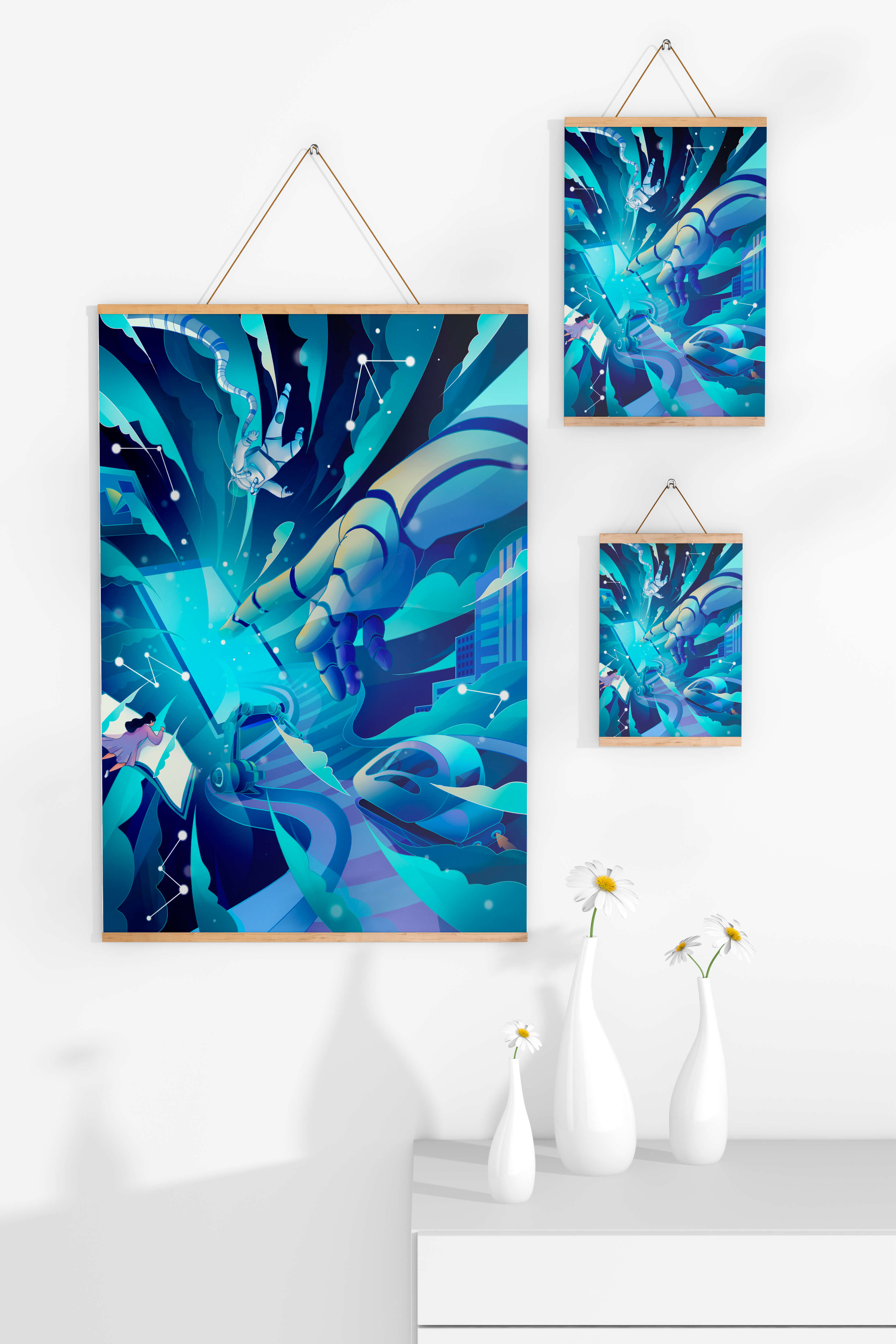Futuristic digital artwork featuring astronaut and robotic hand in vibrant blue tones