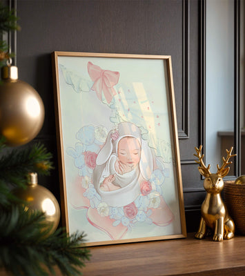 Sweet sleeping baby surrounded by soft pastel decorations
